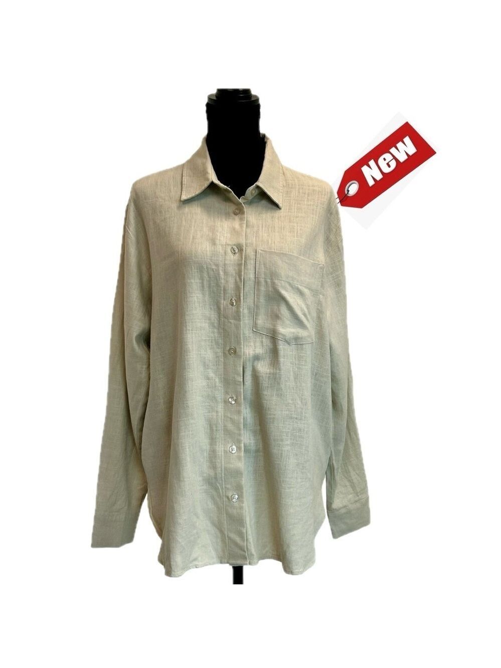 RW&CO women's oversized beige tan brown linen button down shirt Sz S NWT